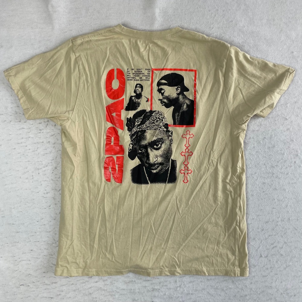 2Pac Graphic T-Shirt Mens XL Tan Short Sleeve Tupac Shakur Hip Hop Rap